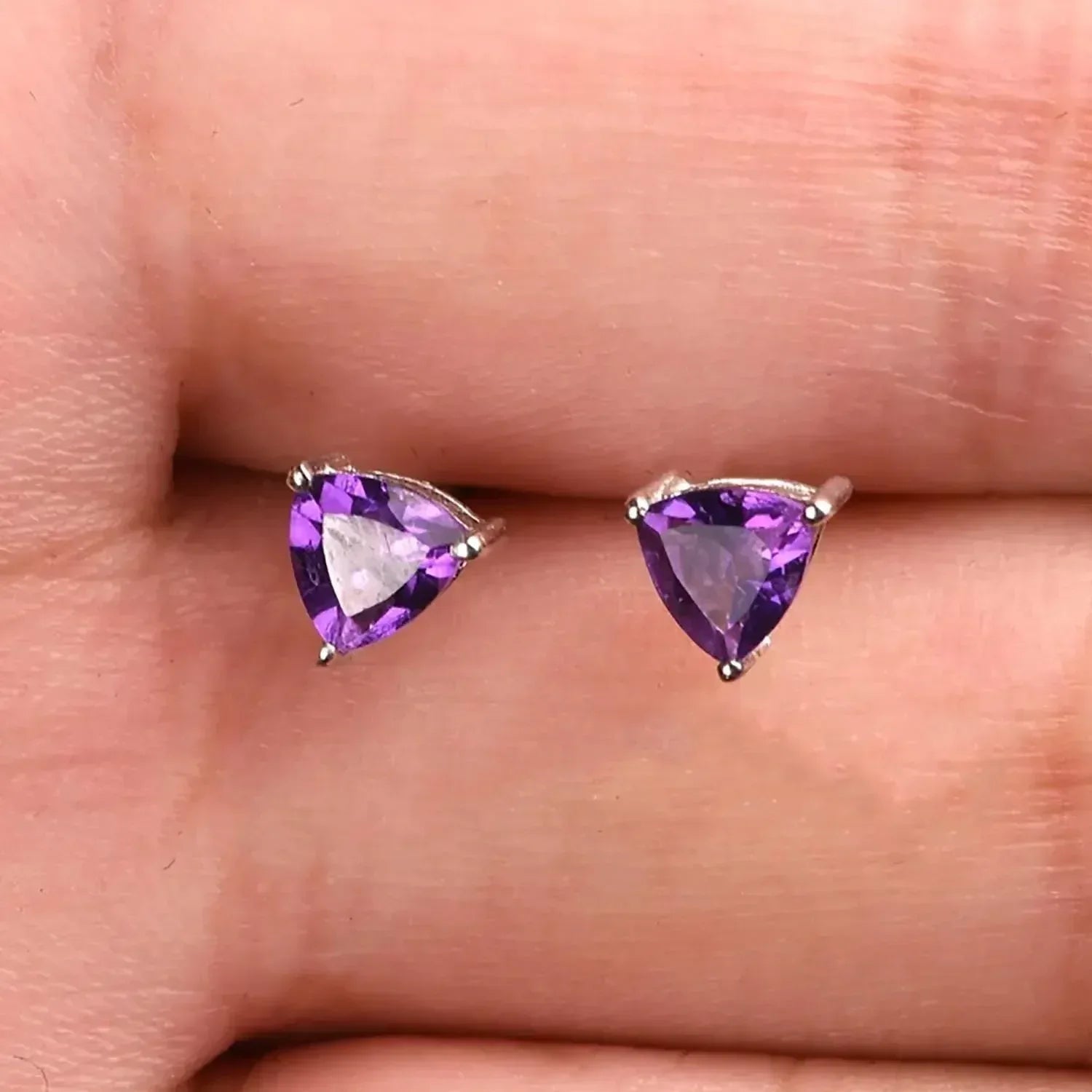 Amethyst Trillion Stud Earrings: 925 Sterling Silver, Minimalist Gemstone