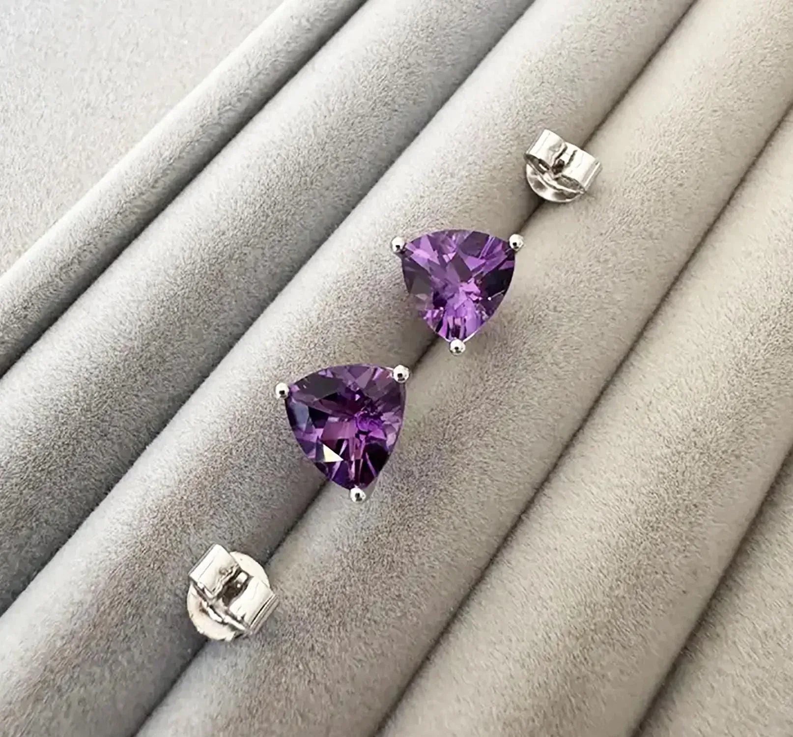 Amethyst Trillion Stud Earrings: 925 Sterling Silver, Minimalist Gemstone