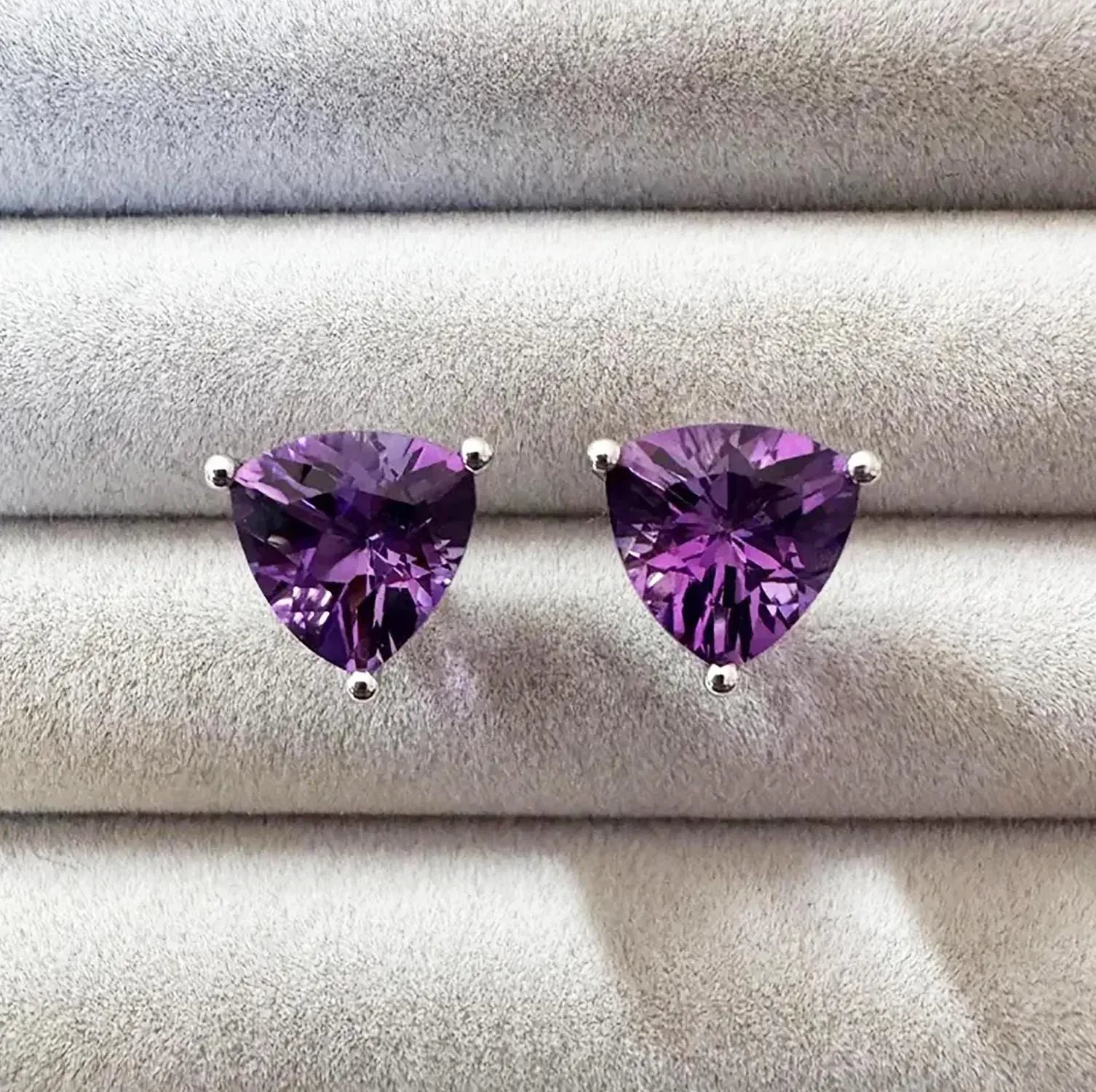 Amethyst Trillion Stud Earrings: 925 Sterling Silver, Minimalist Gemstone