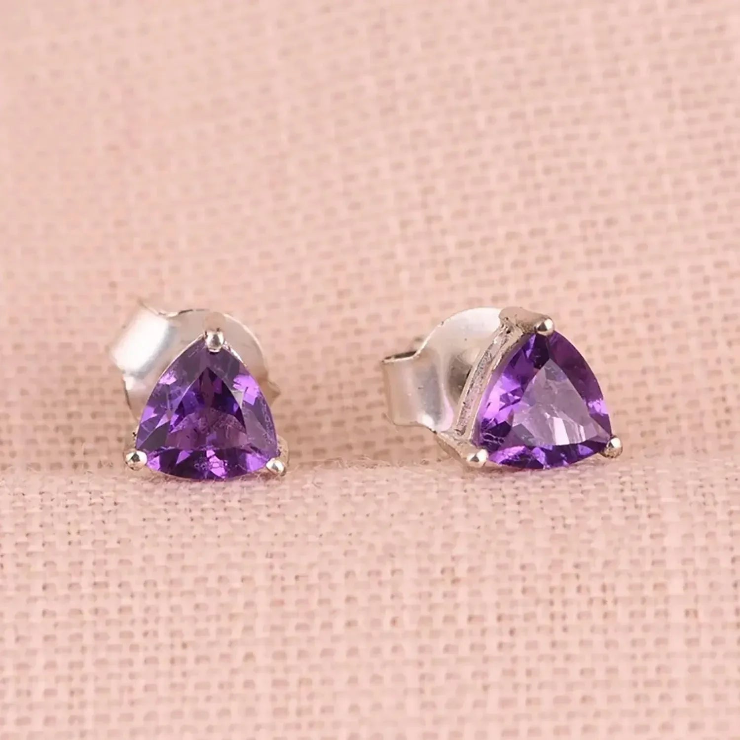 Amethyst Trillion Stud Earrings: 925 Sterling Silver, Minimalist Gemstone
