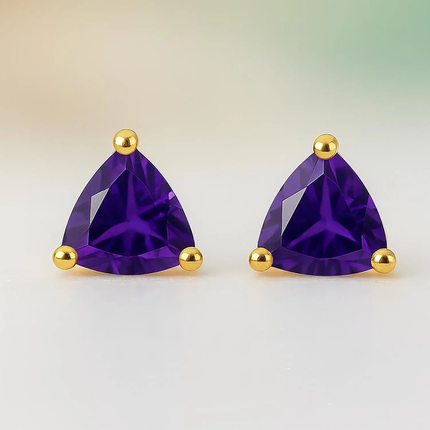 Amethyst Trillion Stud Earrings: 925 Sterling Silver, Minimalist Gemstone