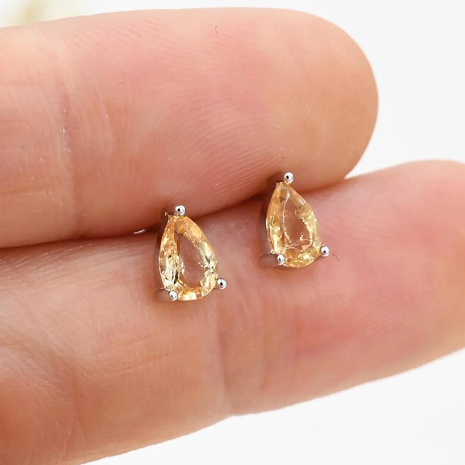 Dainty Citrine Pear Stud Earrings: 925 Sterling Silver, November Birthstone - Himalya Quartz