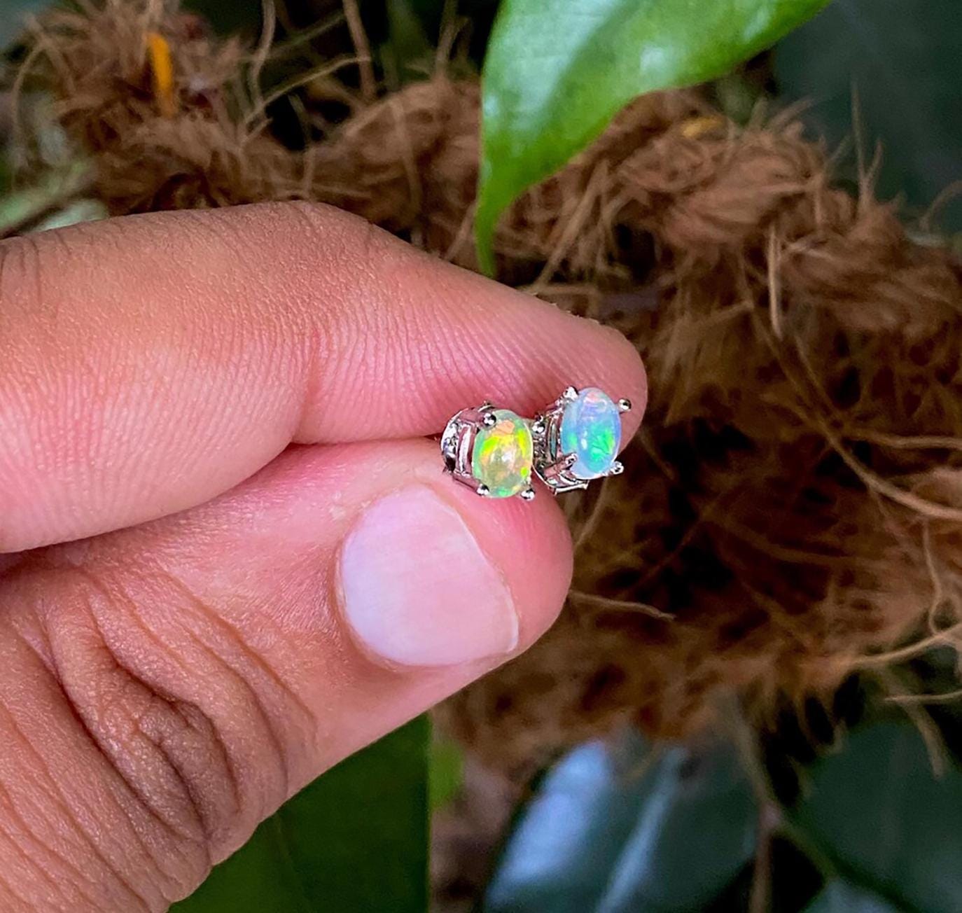 Ethiopian Opal Stud Earrings: 925 Sterling Silver, Rainbow Gemstone