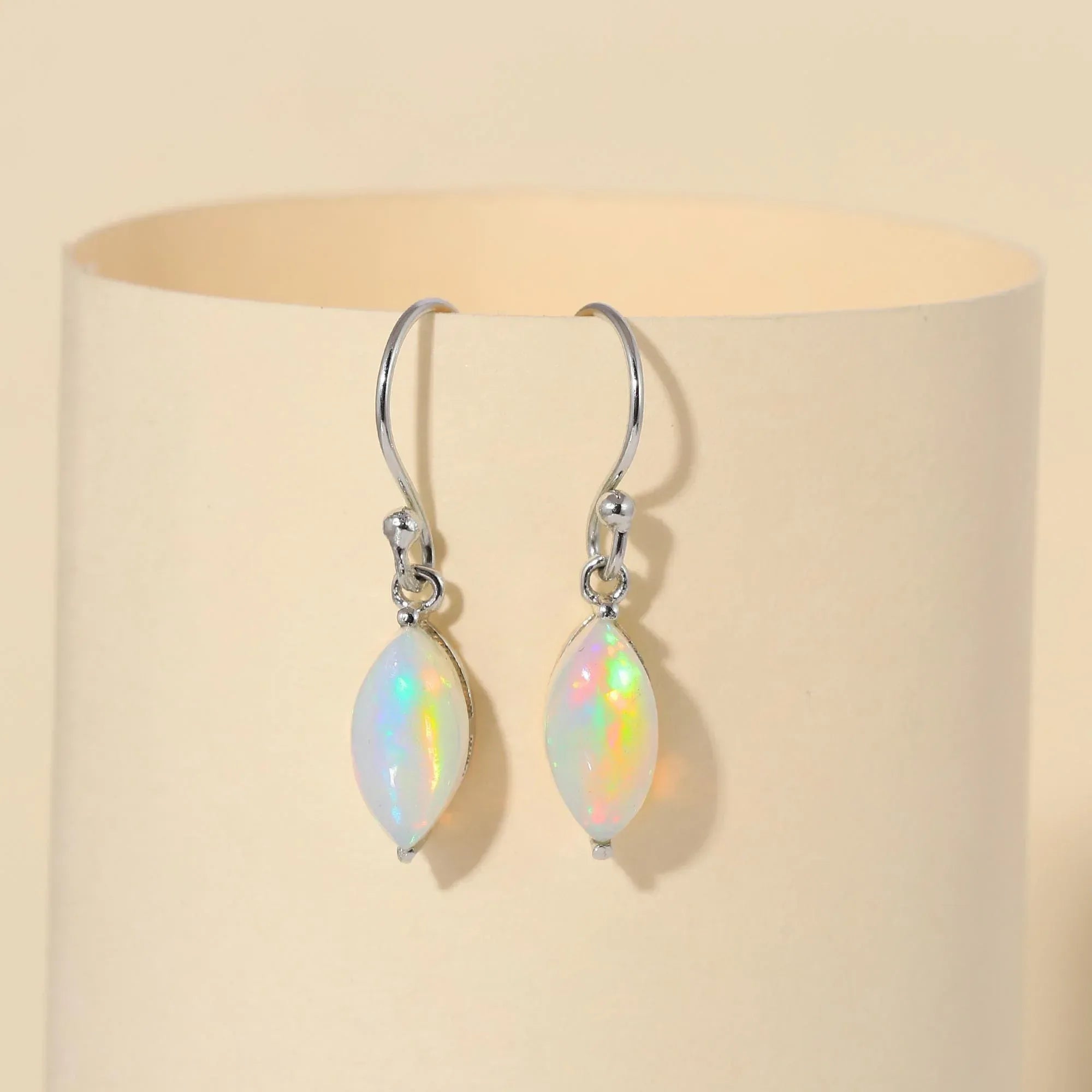 Ethiopian Opal Sterling Silver Earrings: Welo Fire Opal Art Deco Marquise Cabochon