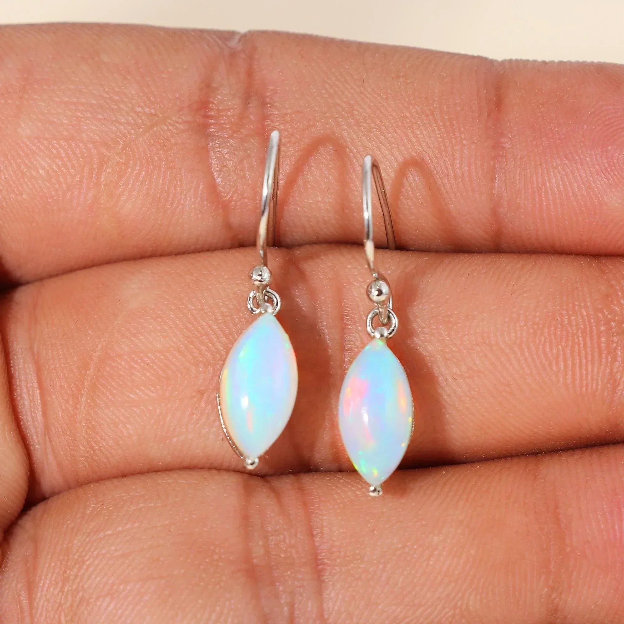 Ethiopian Opal Sterling Silver Earrings: Welo Fire Opal Art Deco Marquise Cabochon
