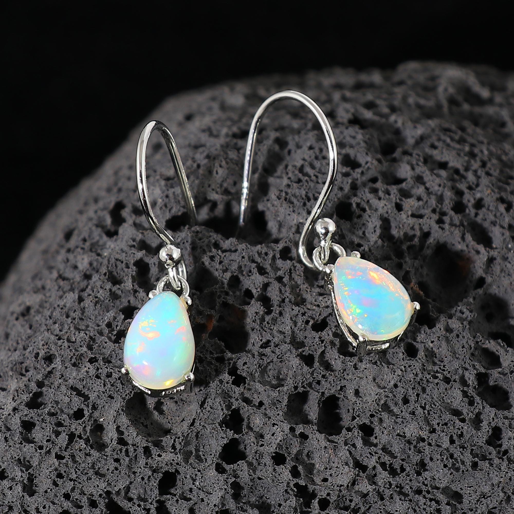 White Ethiopian Opal Drop Earrings: 925 Sterling Silver Boho Jewelry, 6*9mm Opal