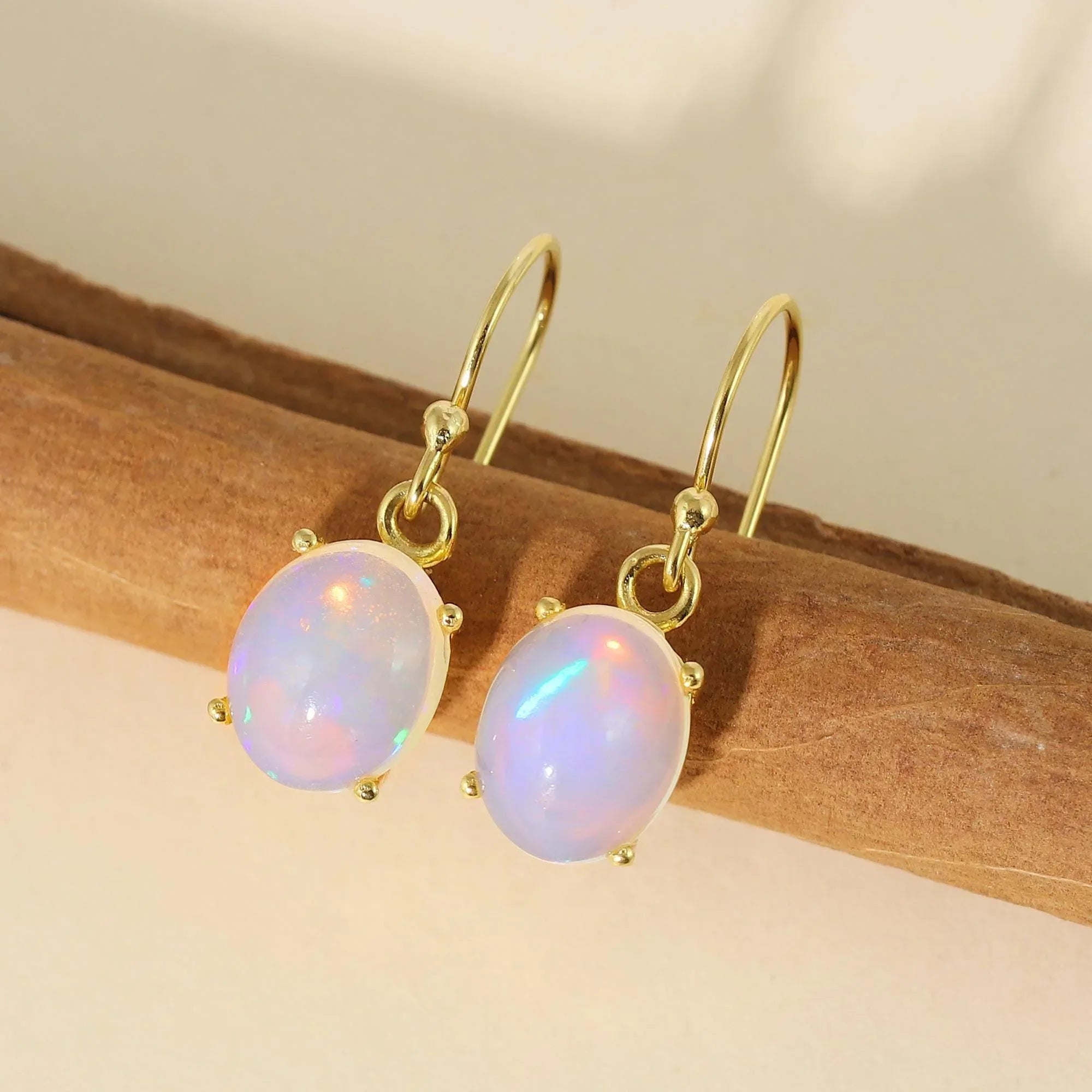 Ethiopian Fire Opal Sterling Silver Earrings: Natural Opal Cabochon Jewelry
