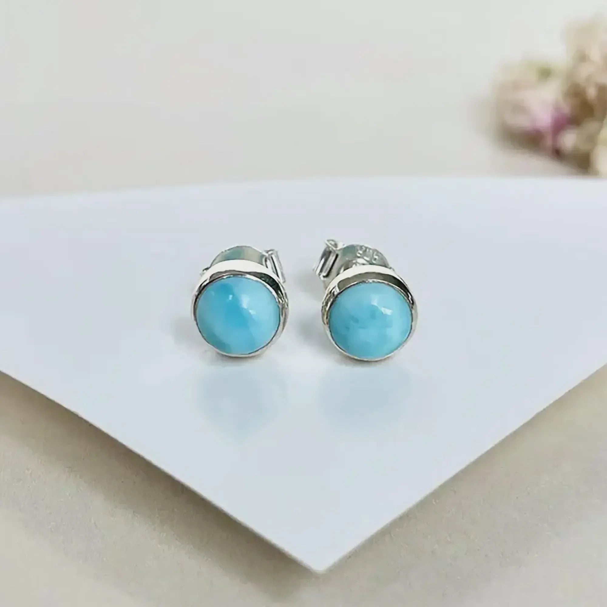 Larimar Stud Earrings: 925 Sterling Silver, Stone of Tranquility