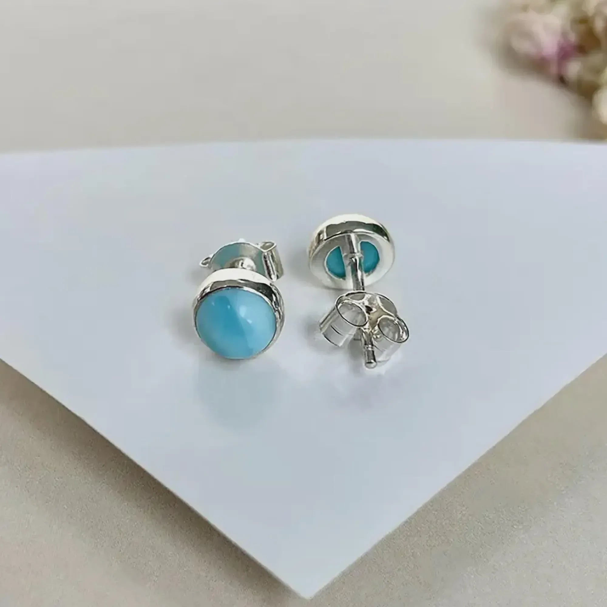 Larimar Stud Earrings: 925 Sterling Silver, Stone of Tranquility
