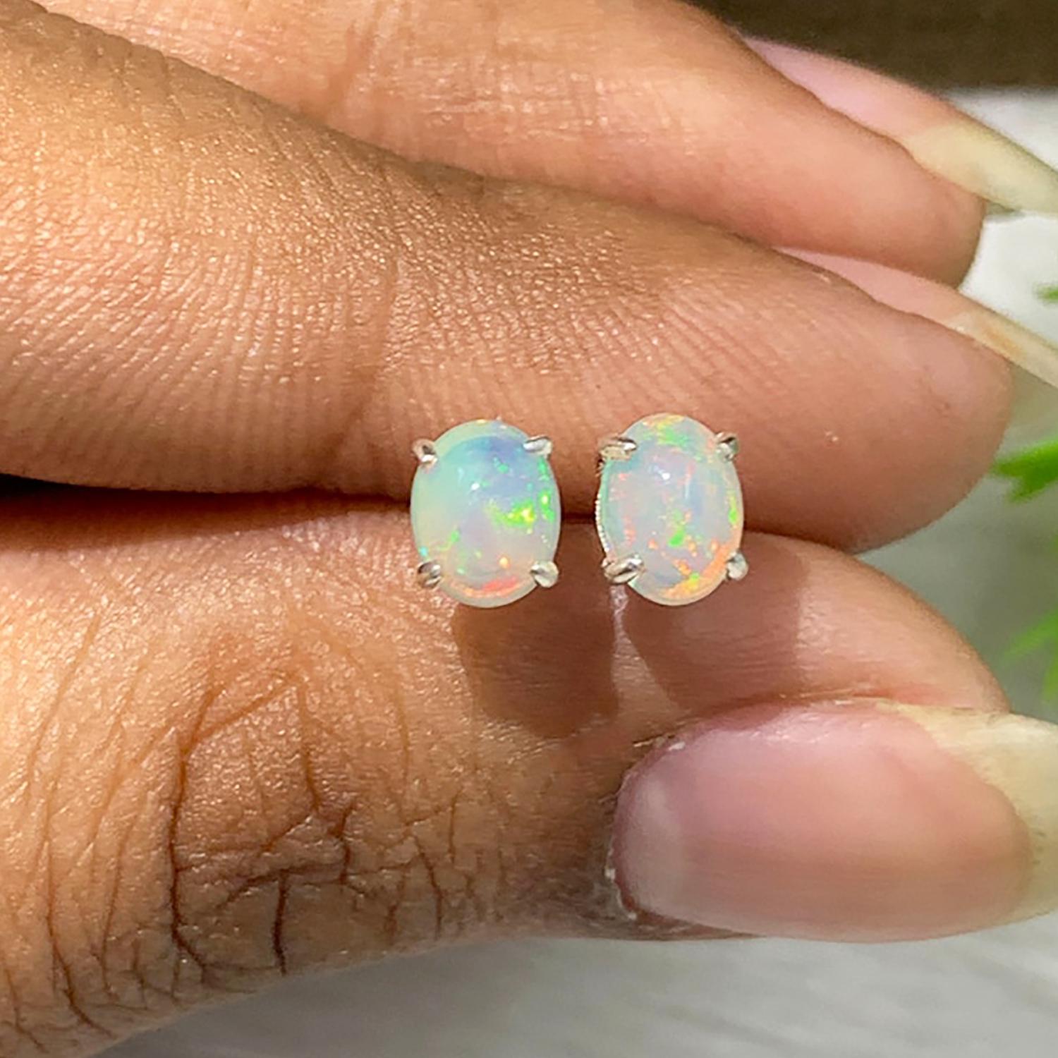 Ethiopian Opal Stud Earrings: Sterling Silver Cabochon, October Birthstone