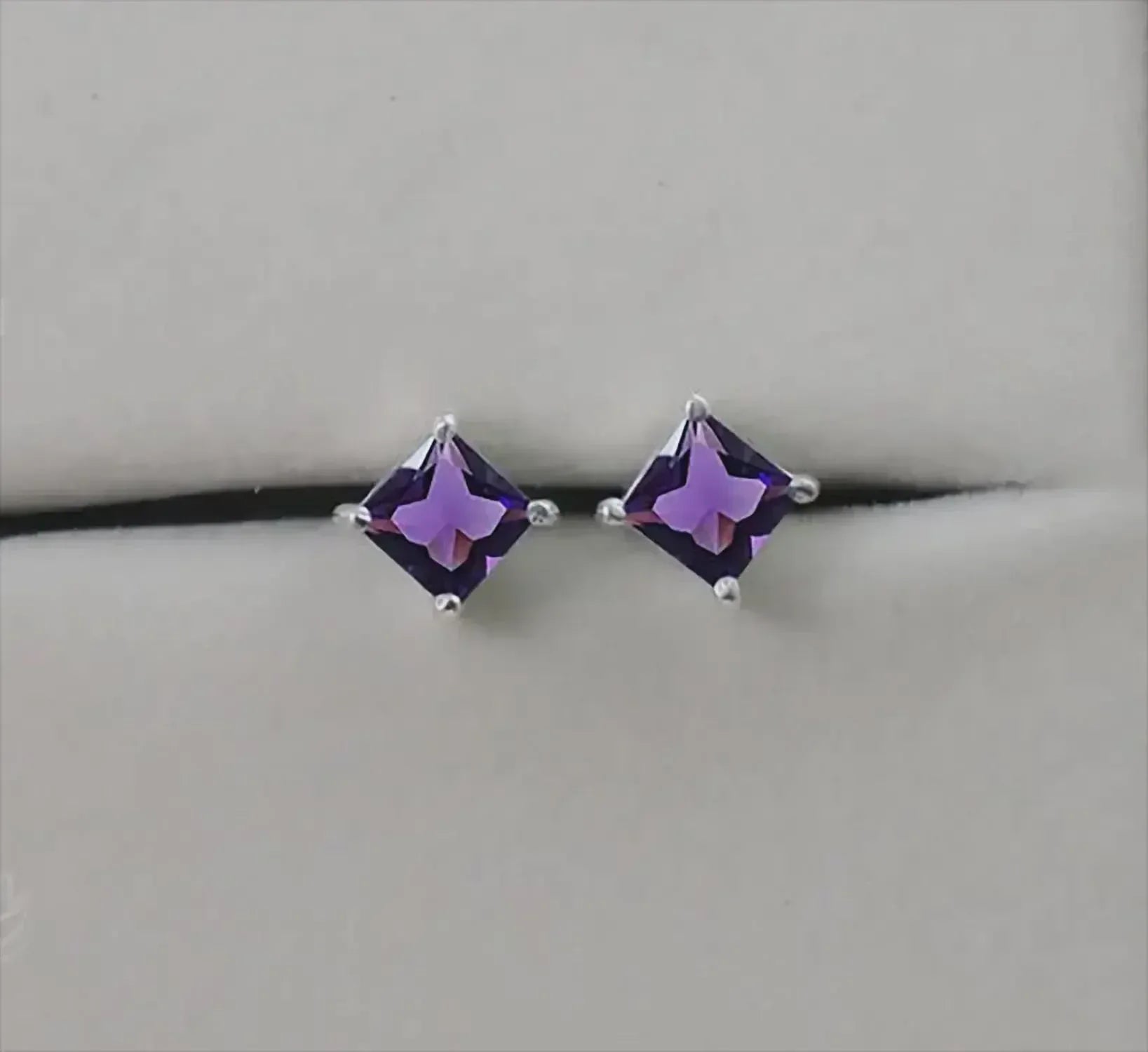 Amethyst Stud Earrings: Square Sterling Silver, February Birthstone