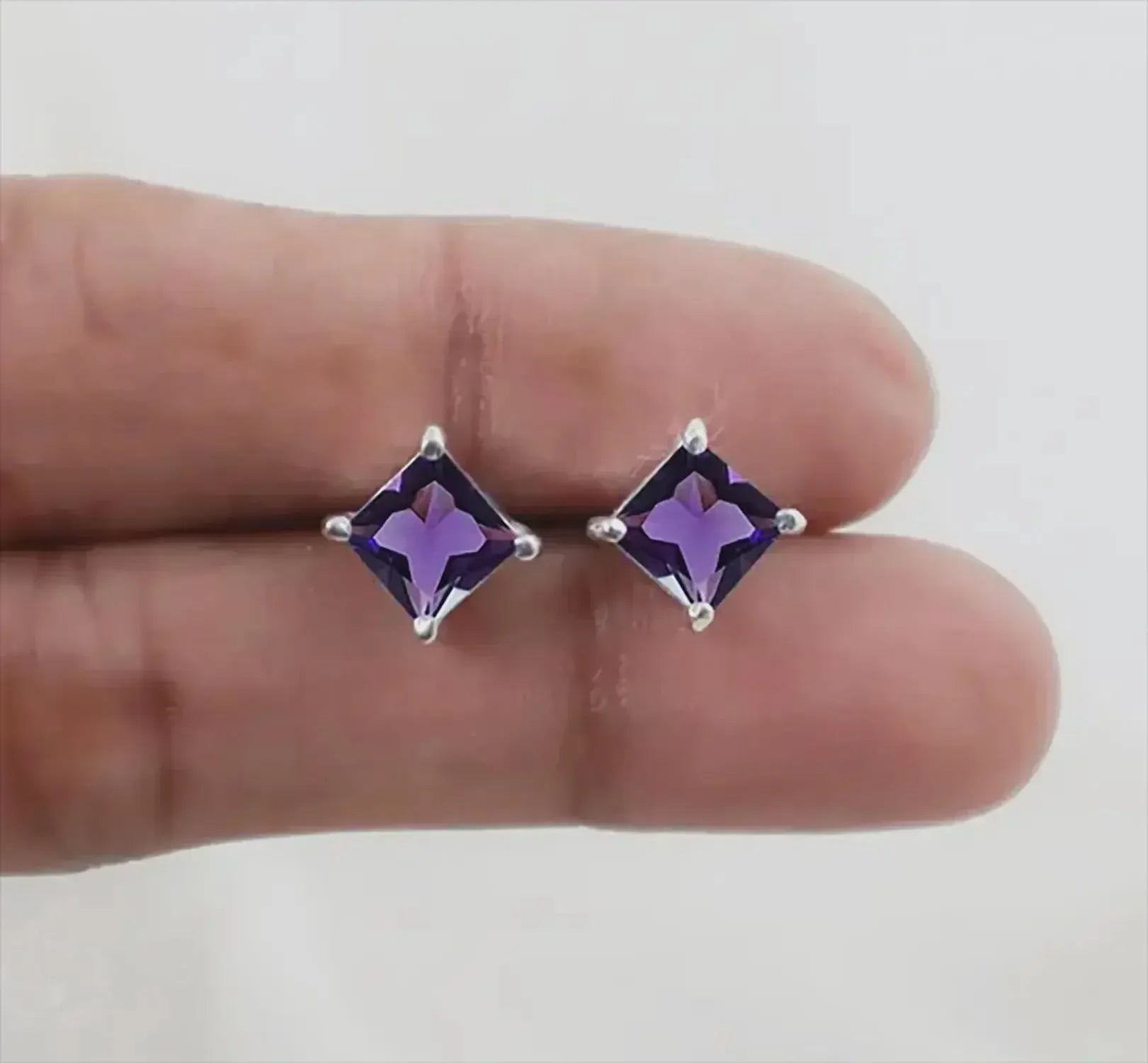 Amethyst Stud Earrings: Square Sterling Silver, February Birthstone