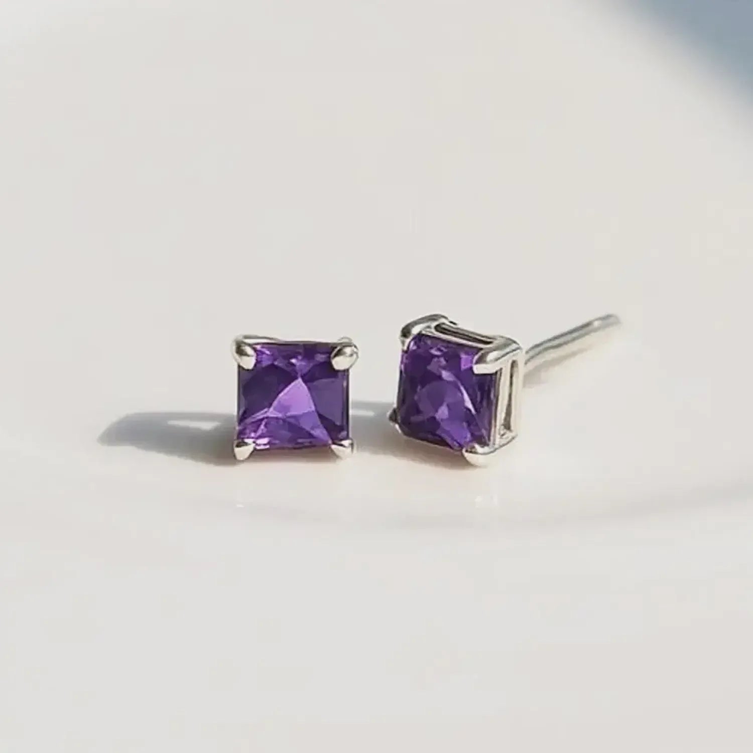 Amethyst Stud Earrings: Square Sterling Silver, February Birthstone
