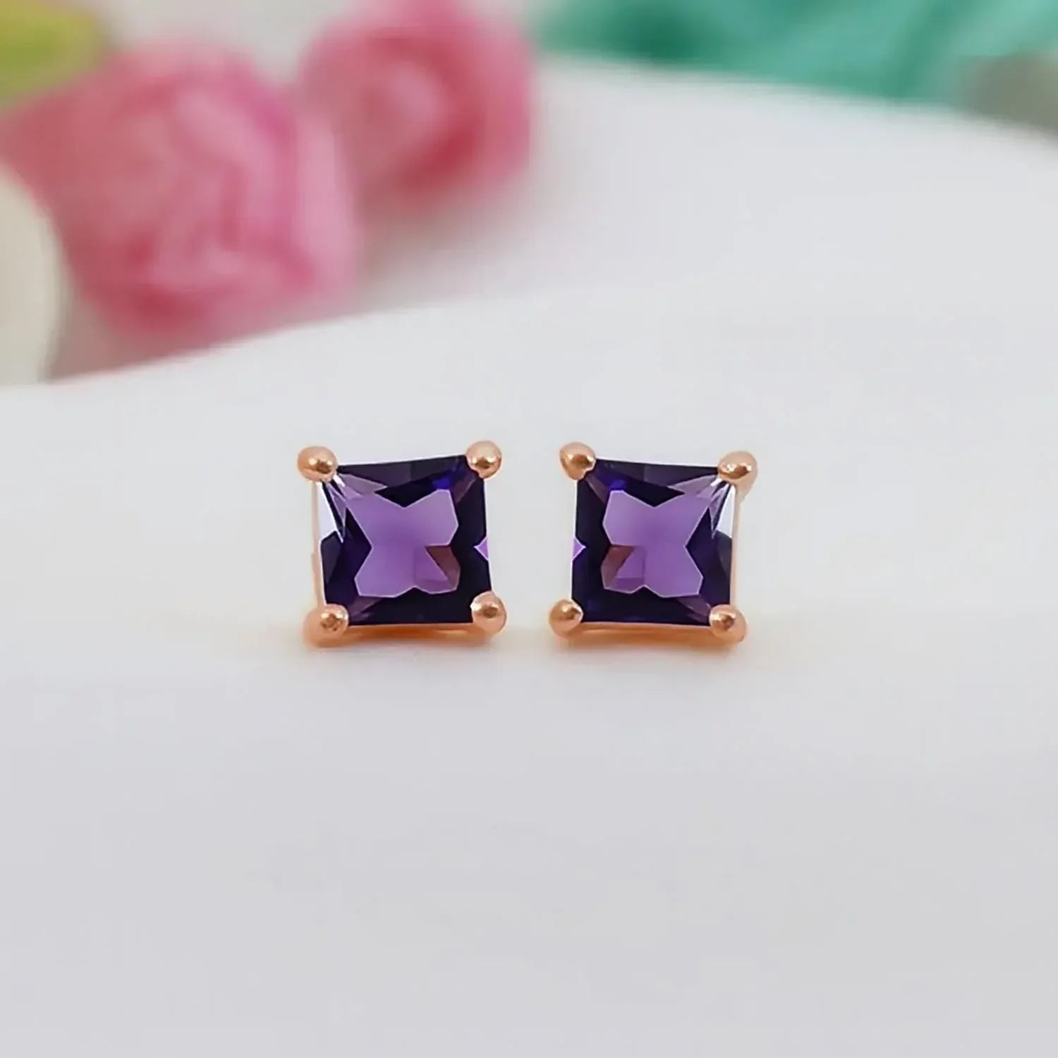 Amethyst Stud Earrings: Square Sterling Silver, February Birthstone