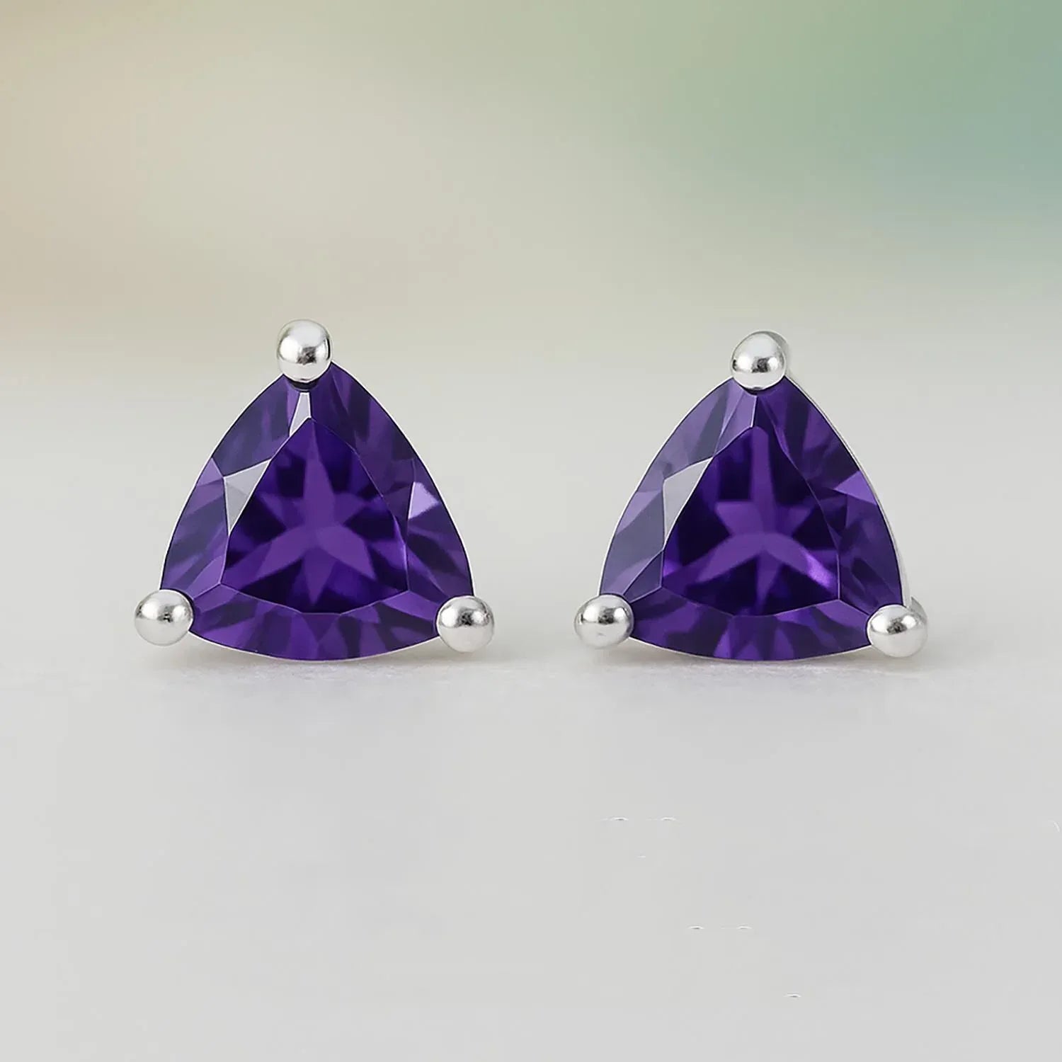 Amethyst Trillion Stud Earrings: 925 Sterling Silver, Minimalist Gemstone