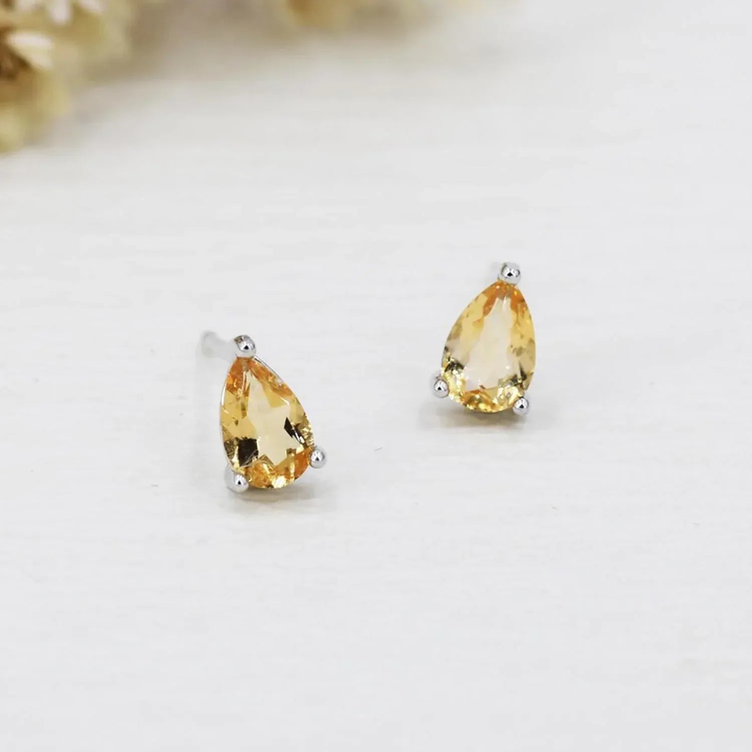 Dainty Citrine Pear Stud Earrings: 925 Sterling Silver, November Birthstone
