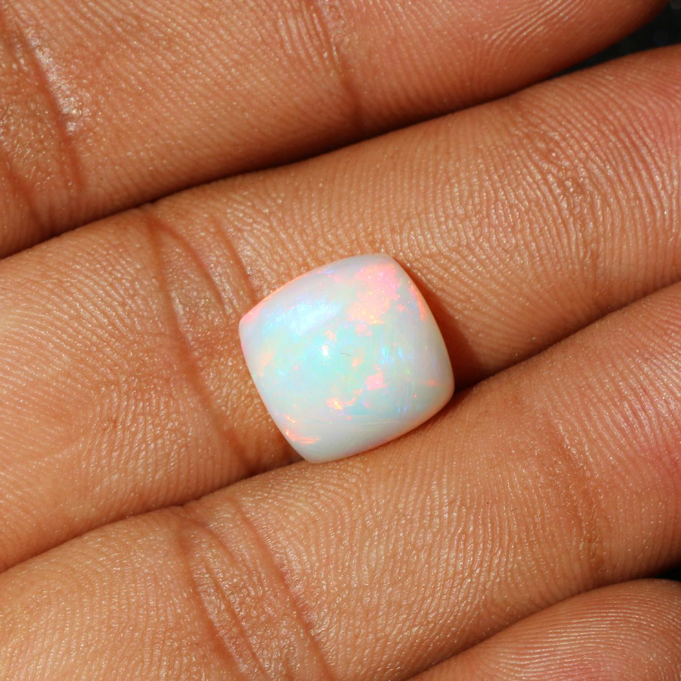 Ethiopian Welo Opal Gemstone: 12mm Cushion Cabochon, Multi-Fire October Birthstone