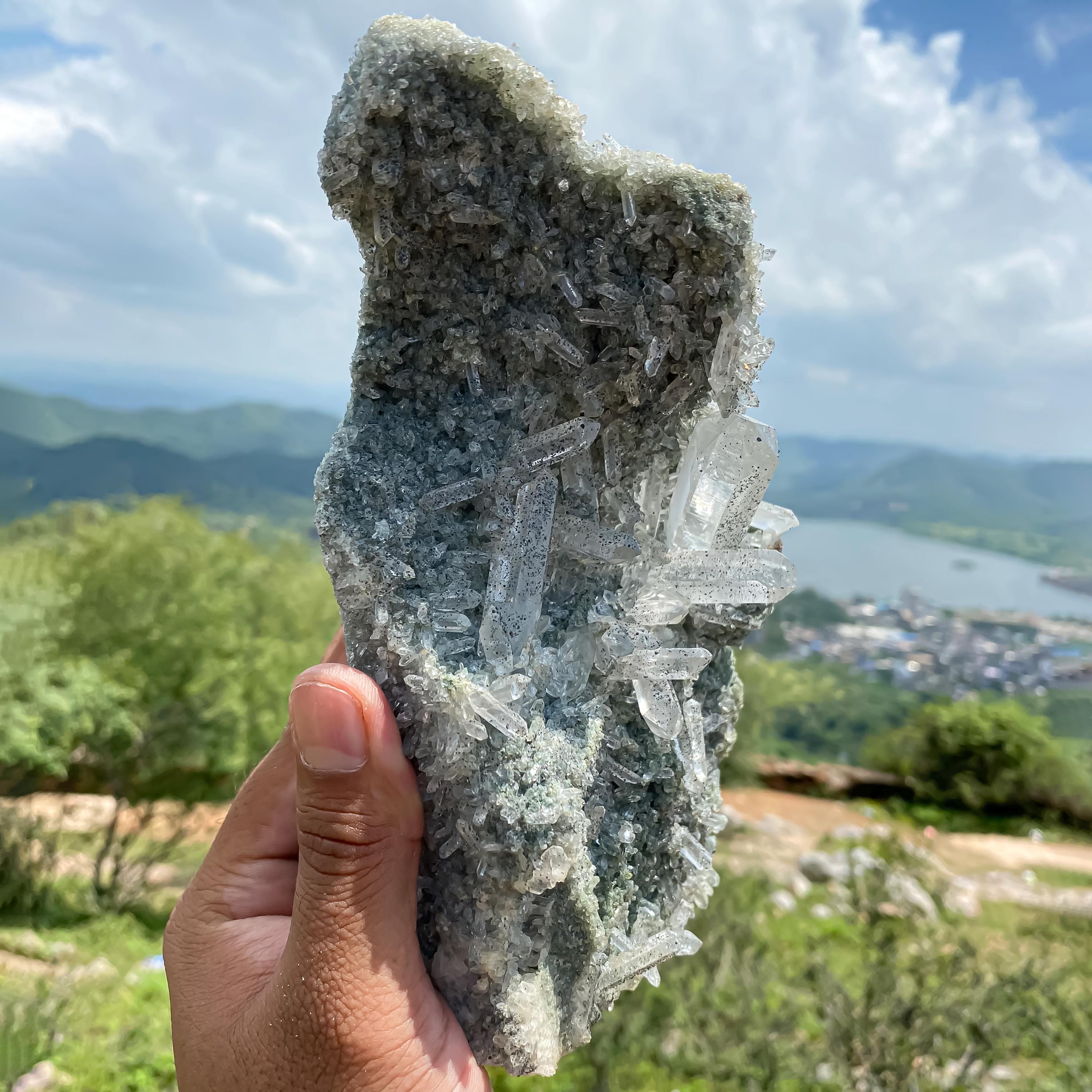 Himalayan Green Chlorite Quartz Cluster with Black Anatase: Healing Crystal Clear Pointed Rough 1635gm
