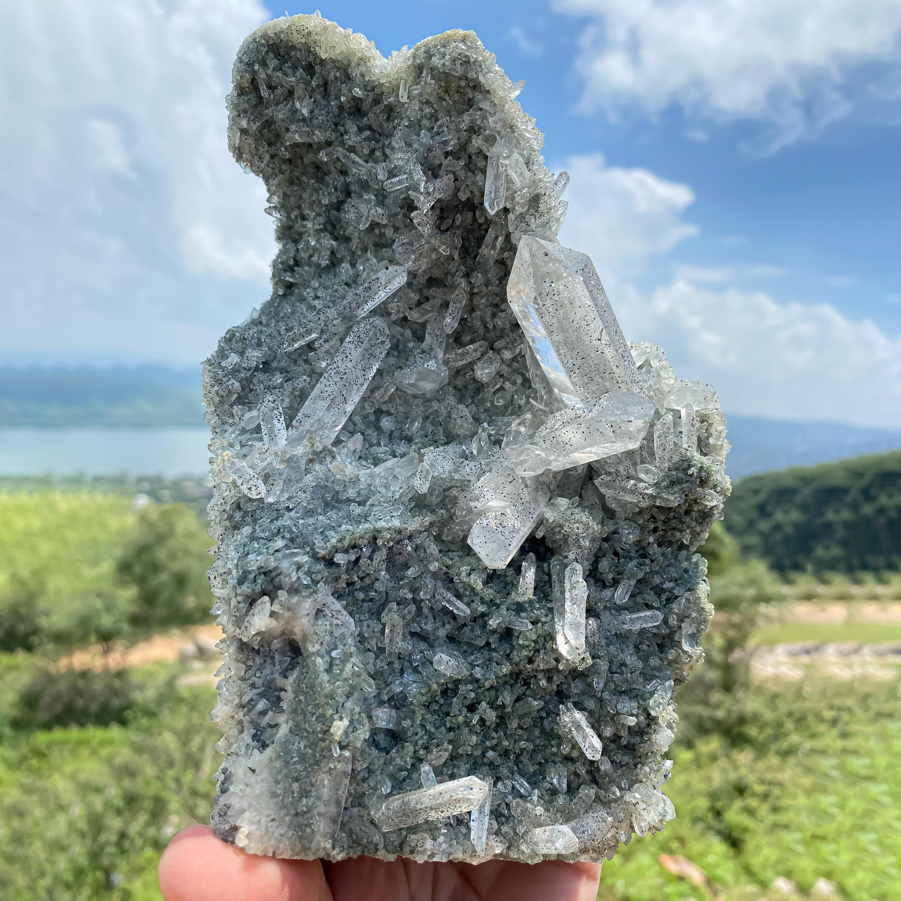 Himalayan Green Chlorite Quartz Cluster with Black Anatase: Healing Crystal Clear Pointed Rough 1635gm