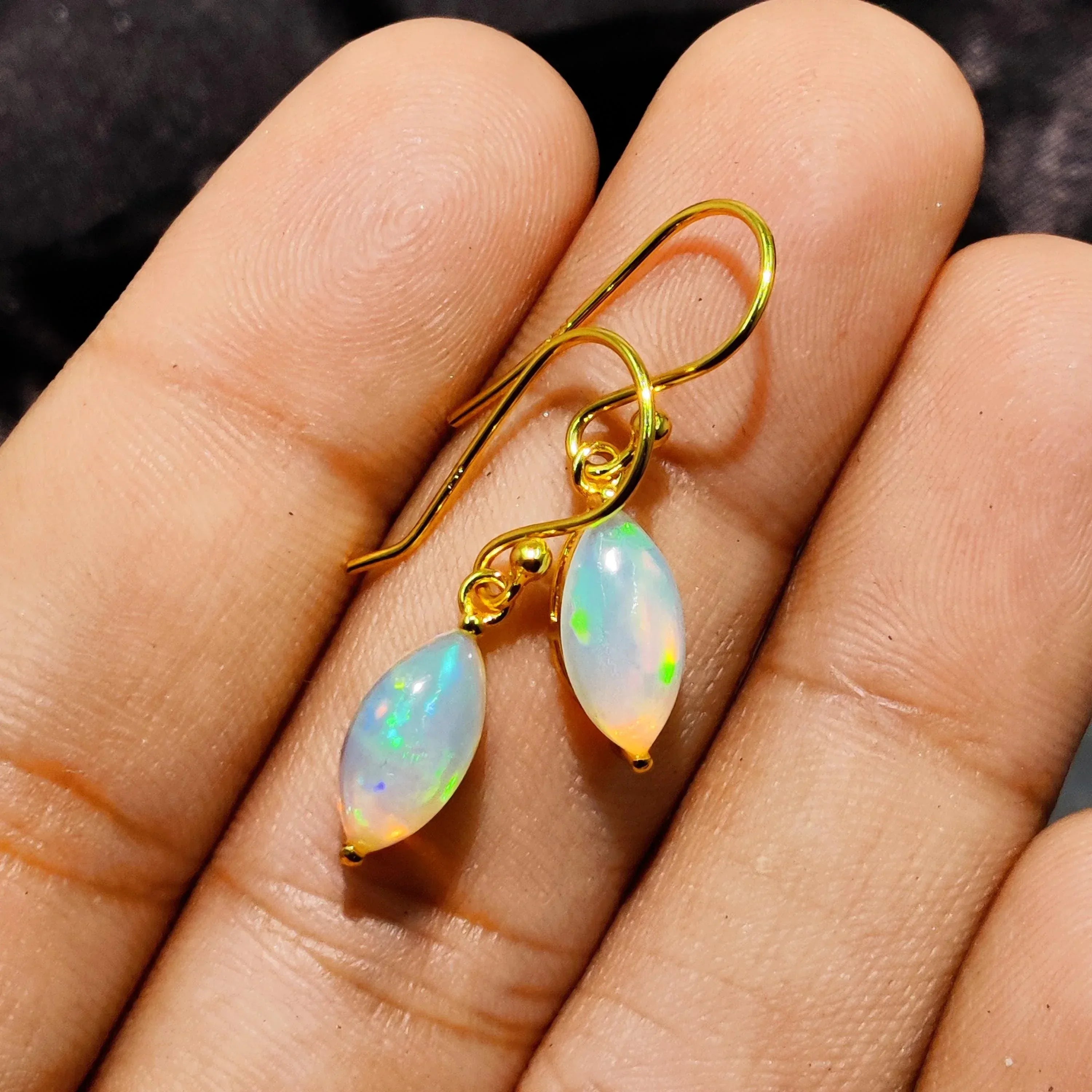 Ethiopian Opal Sterling Silver Earrings: Welo Fire Opal Art Deco Marquise Cabochon