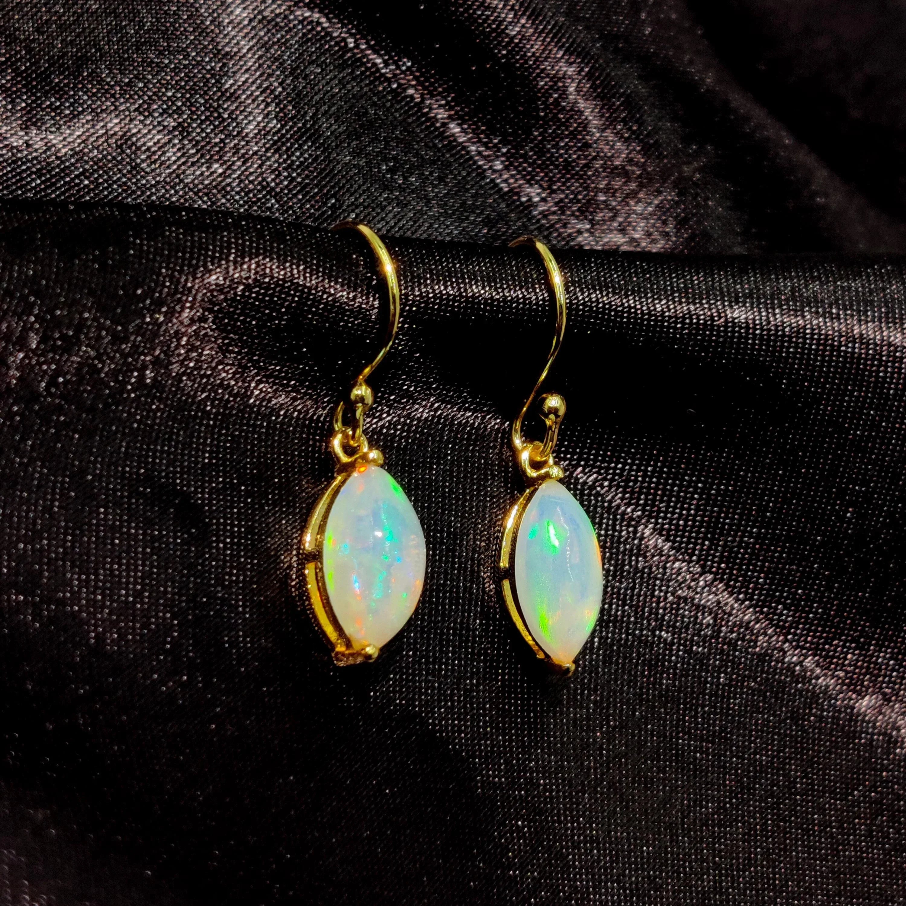Ethiopian Opal Sterling Silver Earrings: Welo Fire Opal Art Deco Marquise Cabochon