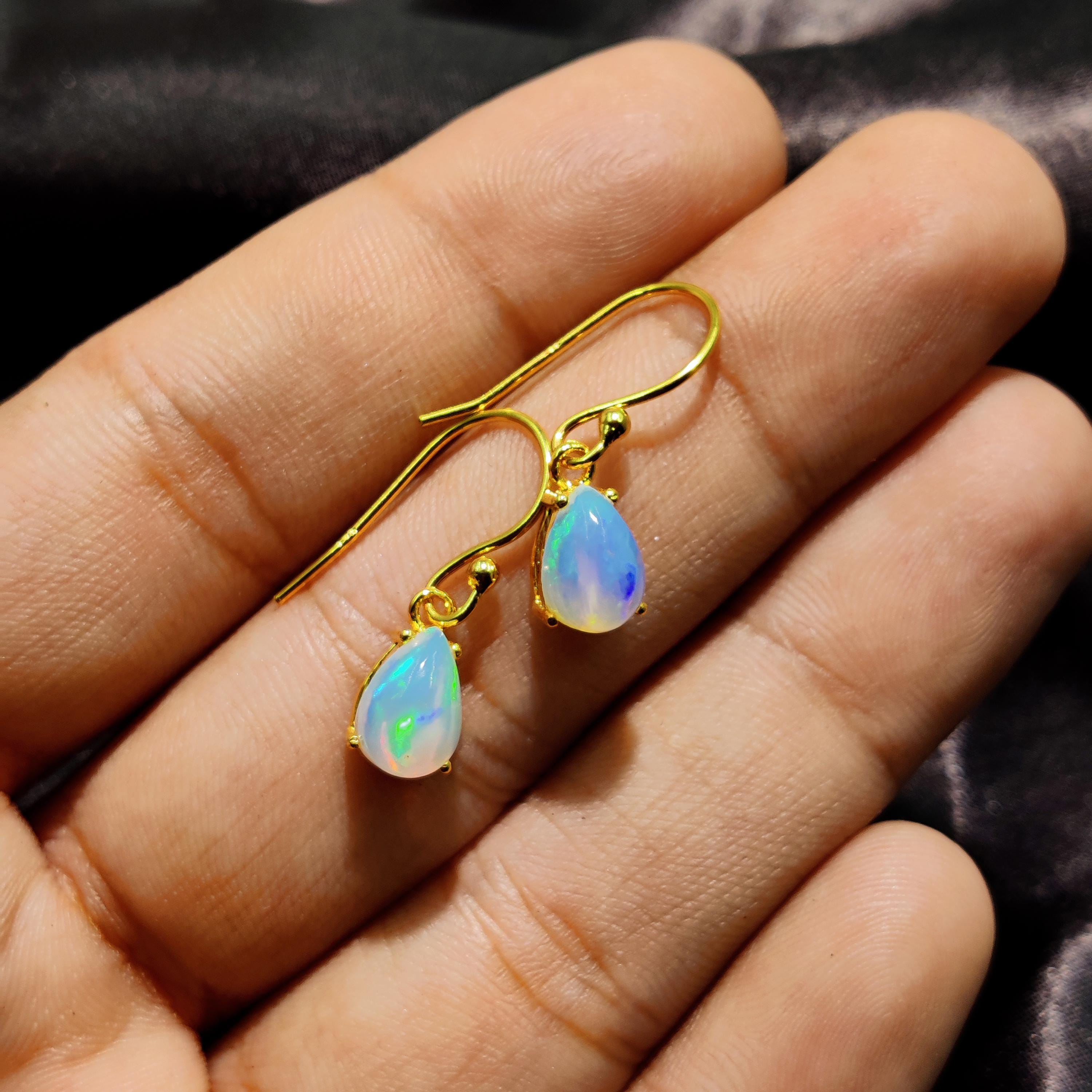 White Ethiopian Opal Drop Earrings: 925 Sterling Silver Boho Jewelry, 6*9mm Opal