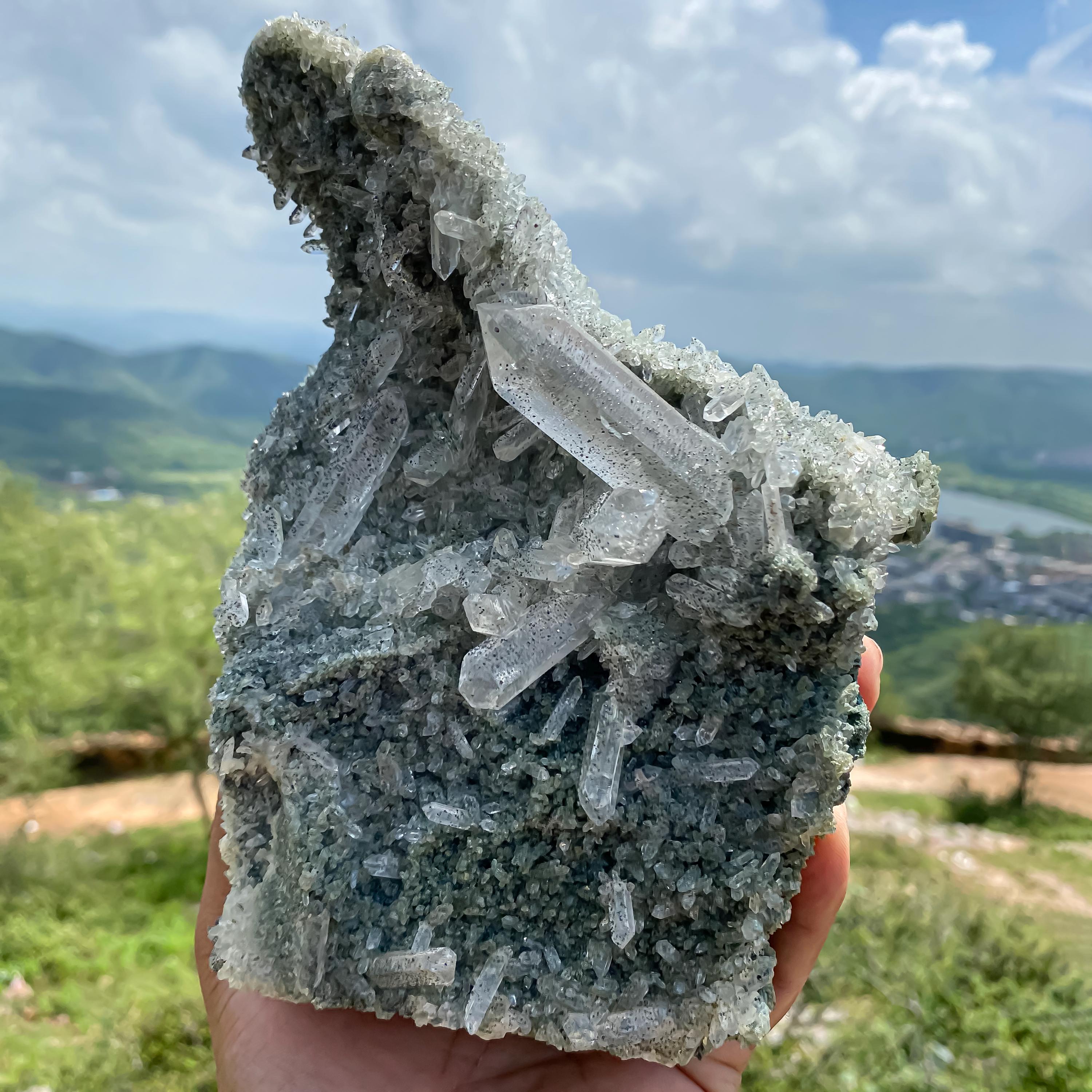 Himalayan Green Chlorite Quartz Cluster with Black Anatase: Healing Crystal Clear Pointed Rough 1635gm