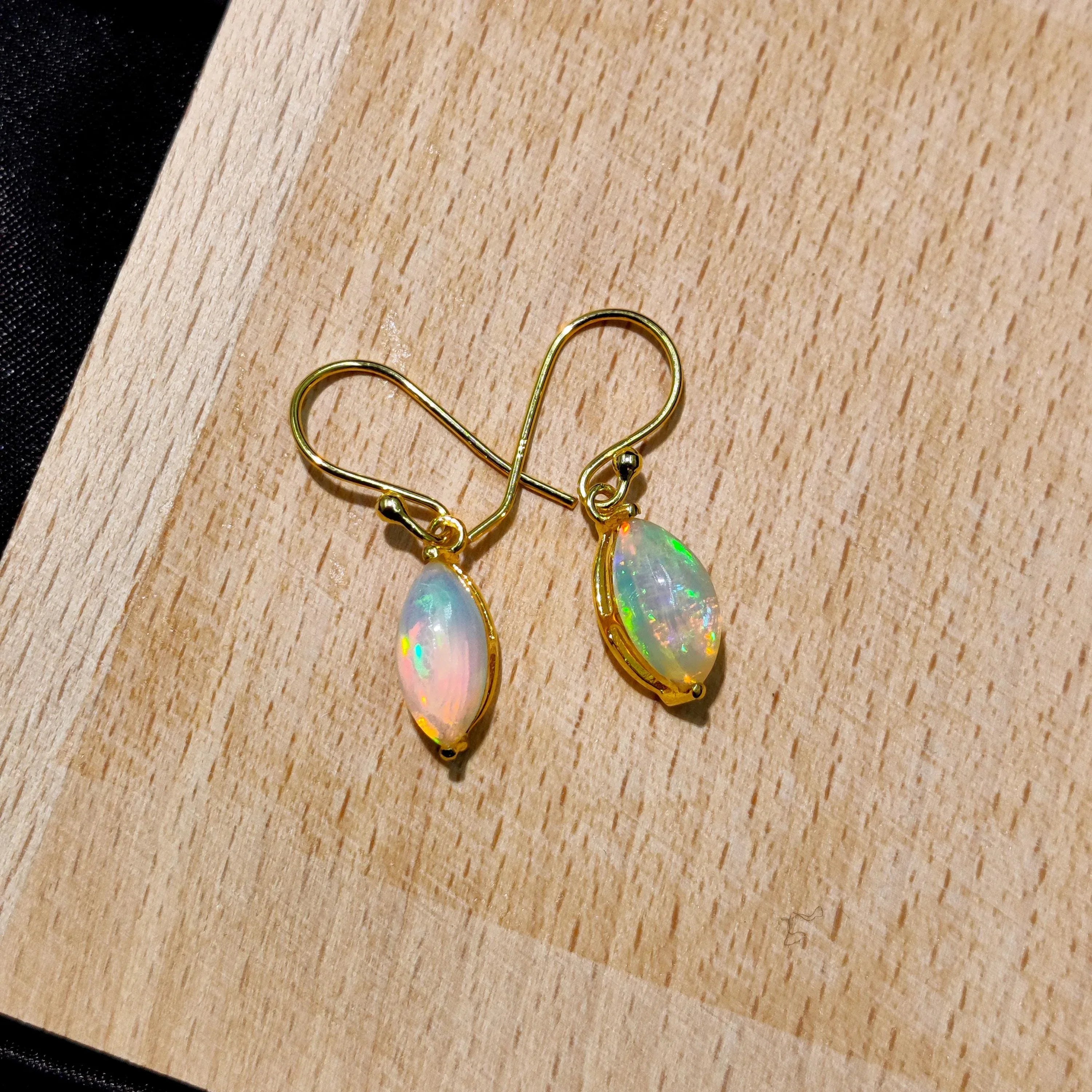 Ethiopian Opal Sterling Silver Earrings: Welo Fire Opal Art Deco Marquise Cabochon