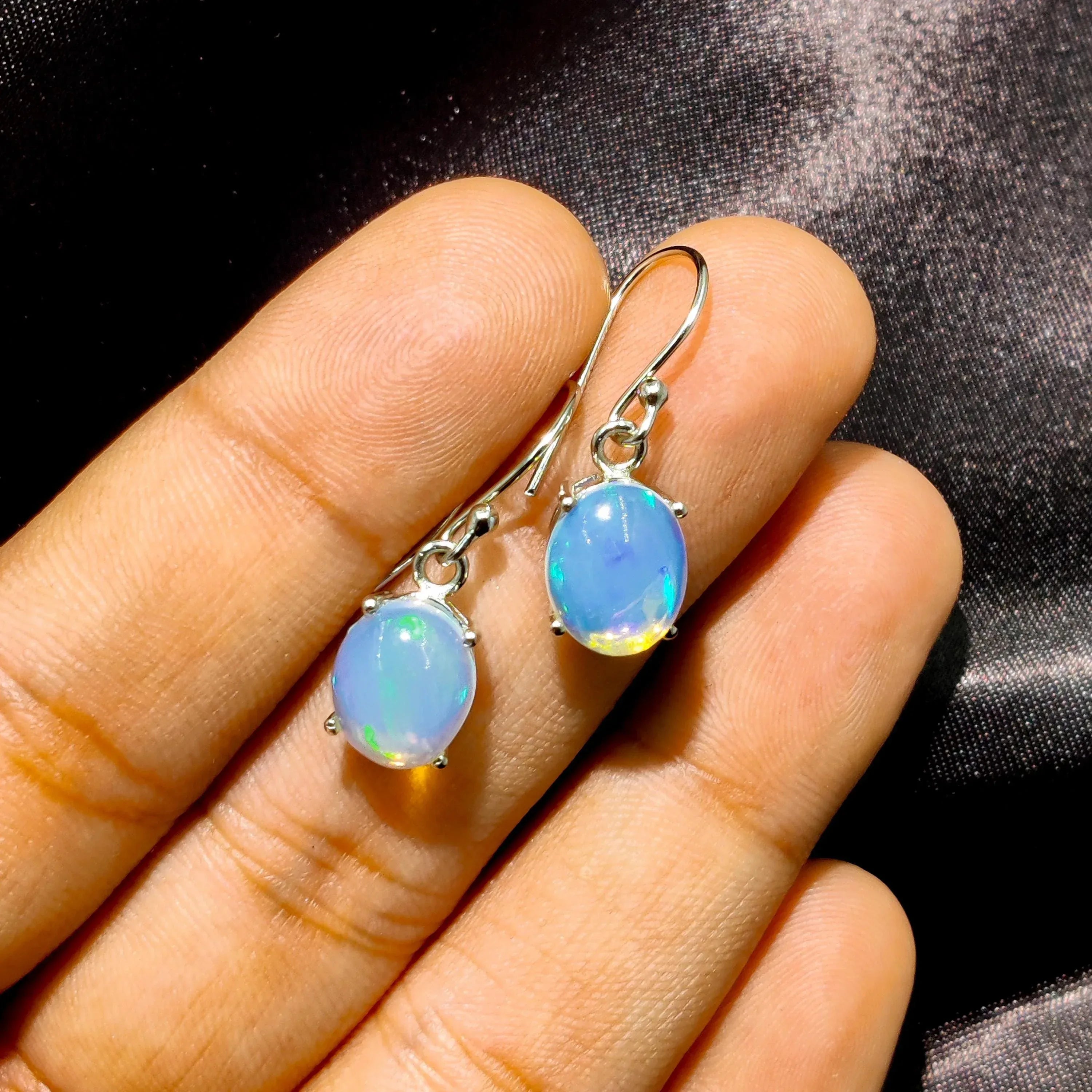 Ethiopian Fire Opal Sterling Silver Earrings: Natural Opal Cabochon Jewelry