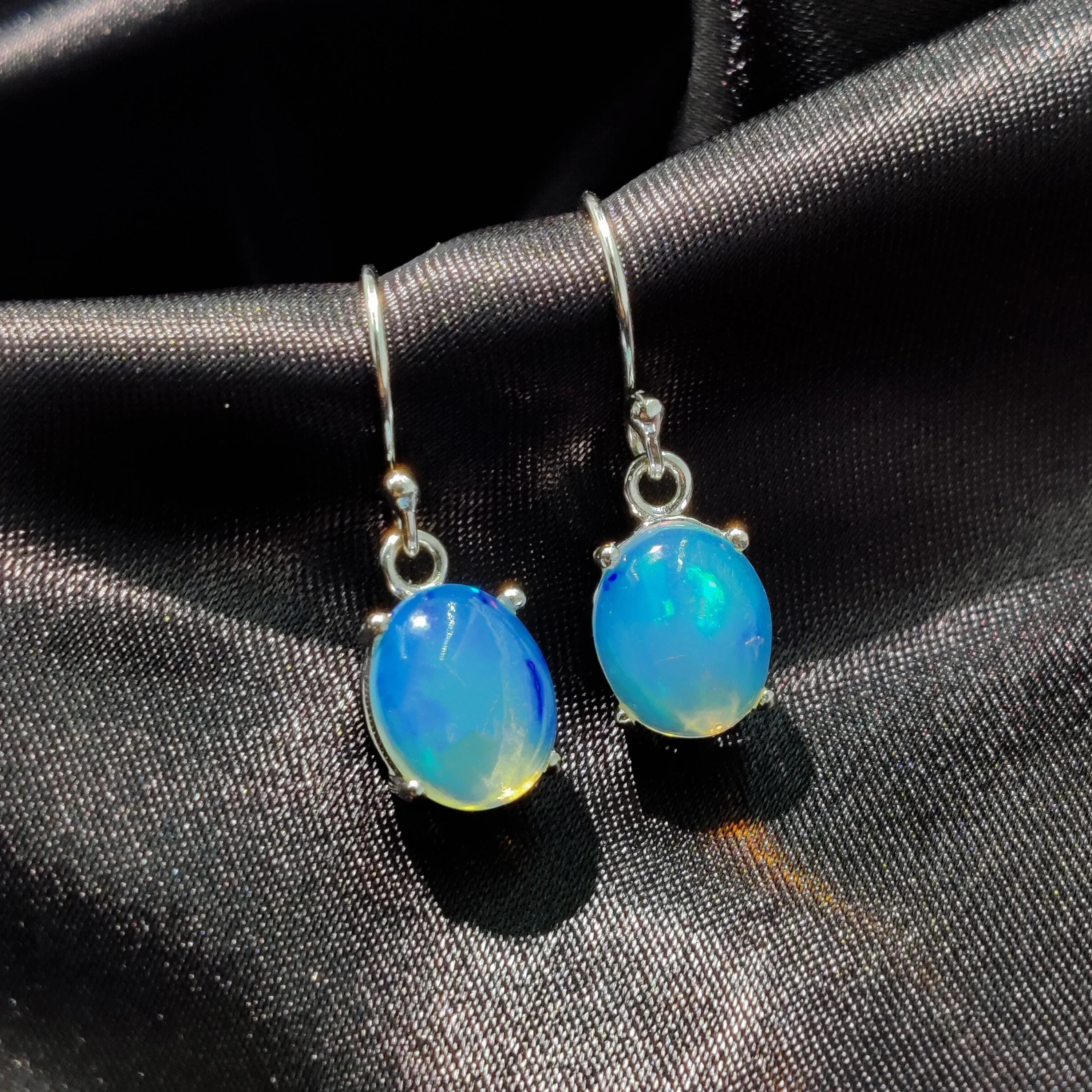Ethiopian Fire Opal Sterling Silver Earrings: Natural Opal Cabochon Jewelry