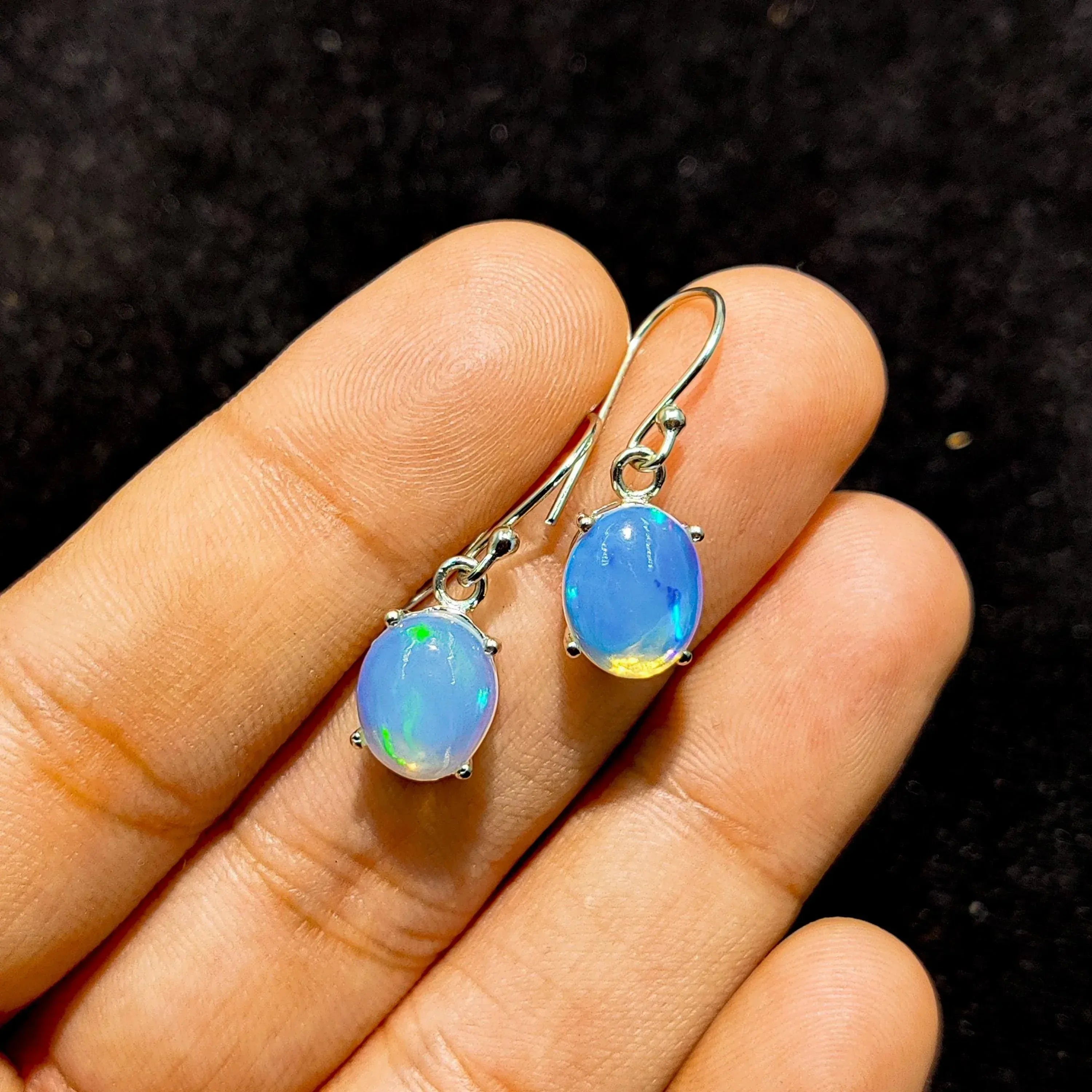 Ethiopian Fire Opal Sterling Silver Earrings: Natural Opal Cabochon Jewelry