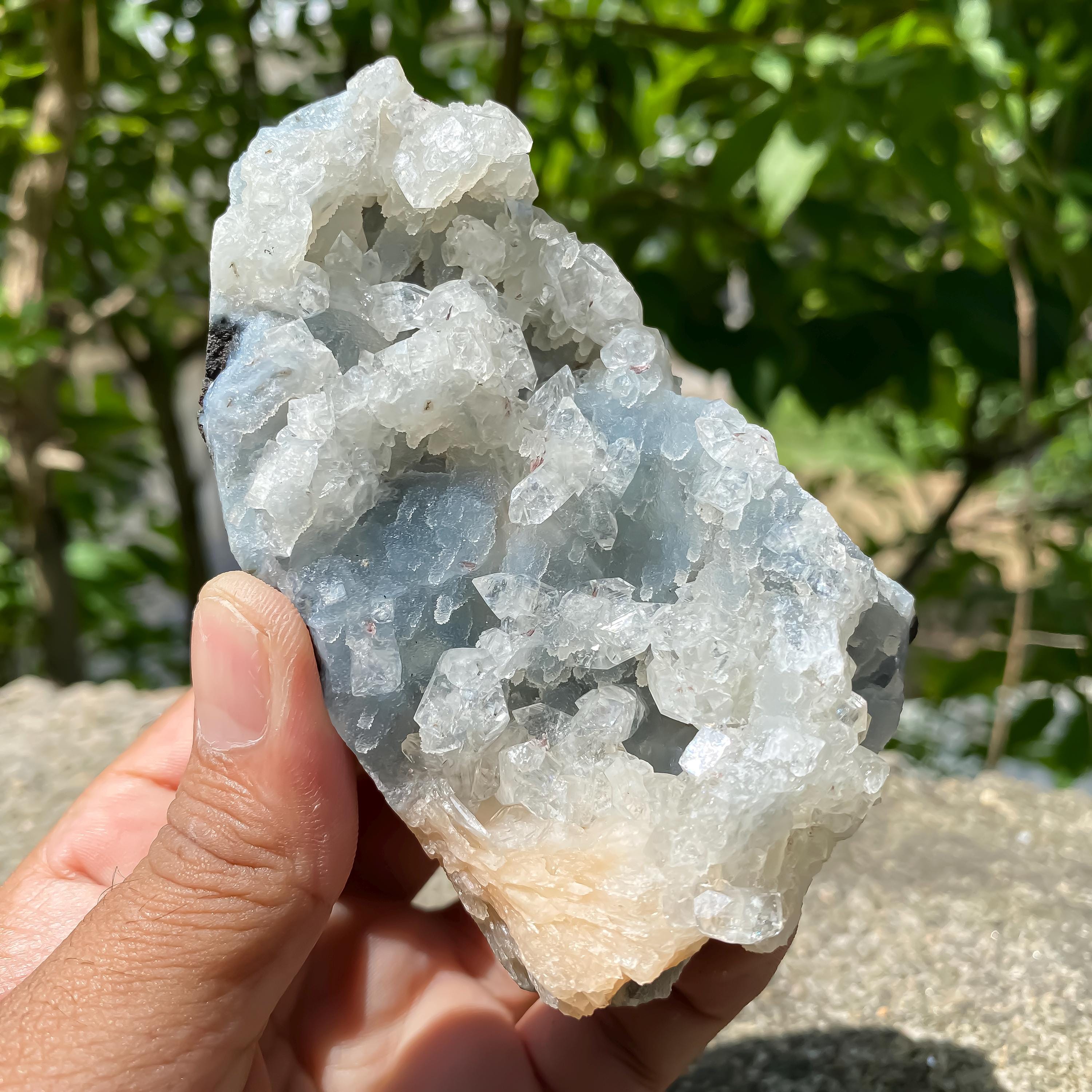 Natural Apophyllite Crystal with Chalcedony Stilbite Cluster: Spiritual Home Decor, Meditation Stone 360gm