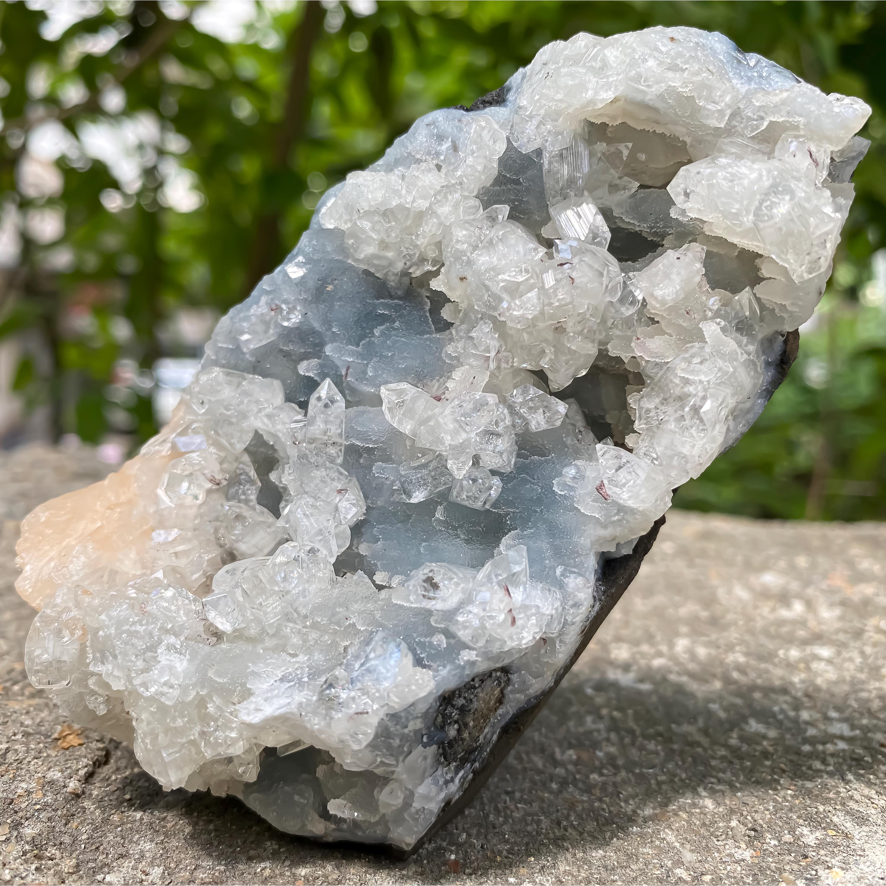 Natural Apophyllite Crystal with Chalcedony Stilbite Cluster: Spiritual Home Decor, Meditation Stone 360gm